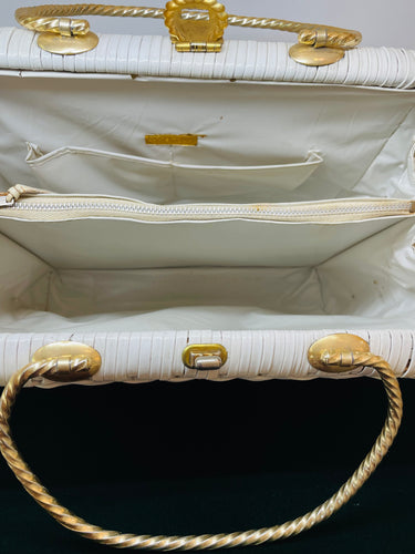 Large Woven White Wicker Purse with Gold Handles